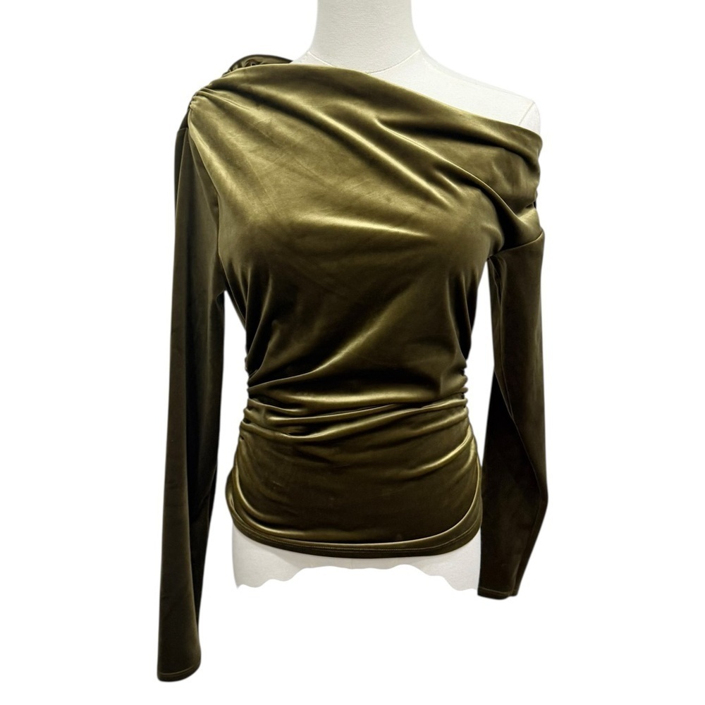Abercrombie & Fitch XS GOLD/Green Asymmetrical Shoulder Ruched Long Sleeve Top - Picture 2 of 12